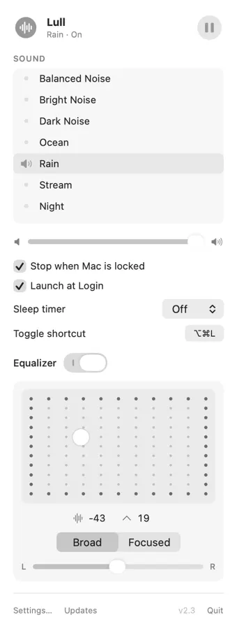 Lull menu bar popover controlling macOS Background Sounds