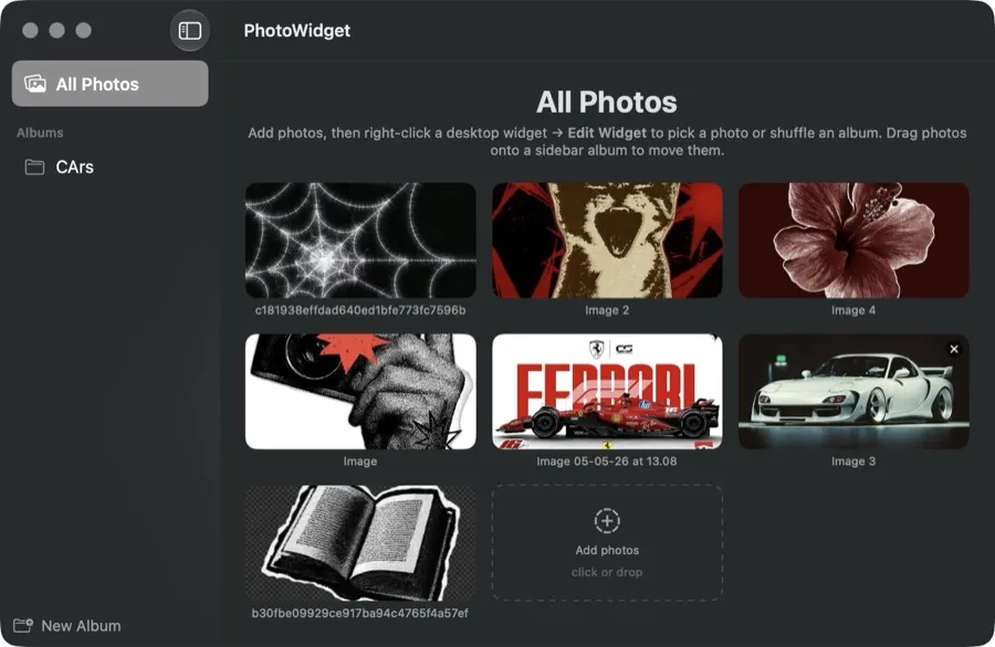 PhotoWidget desktop widgets showing personal photos in four sizes
