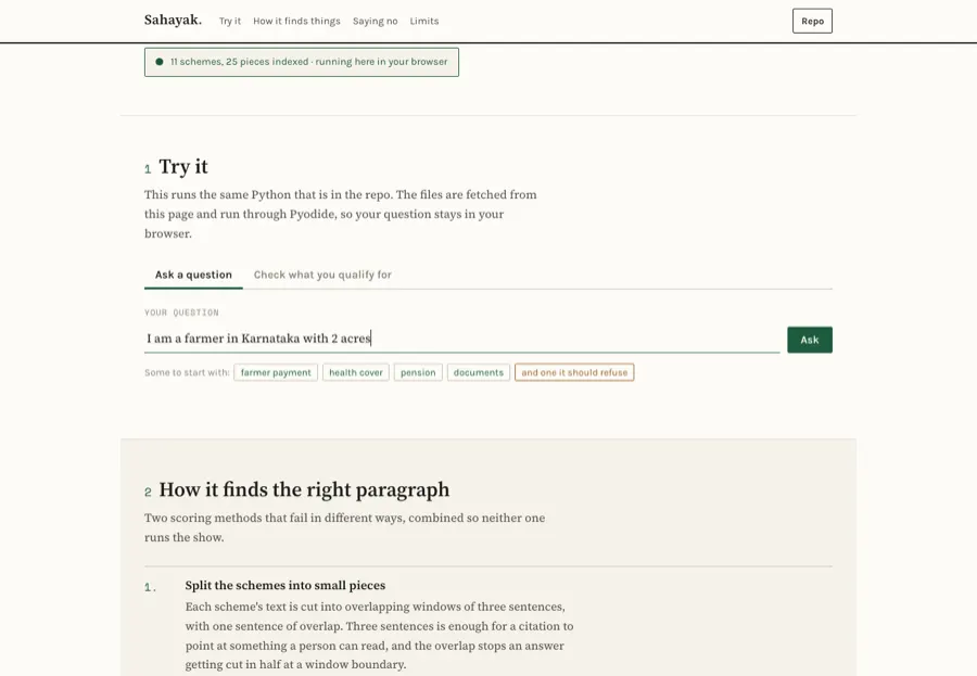 Sahayak Try it panel: 11 schemes indexed, running in the browser