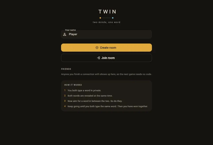 TWIN game lobby: create or join a room