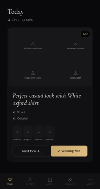 Smart Wardrobe Today screen with weather and an outfit suggestion