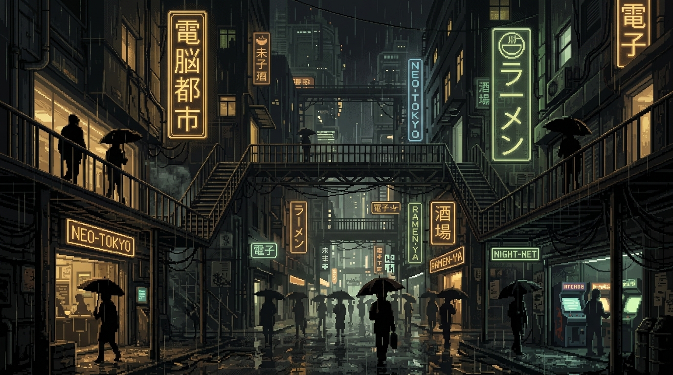 Cyberpunk pixel art cityscape